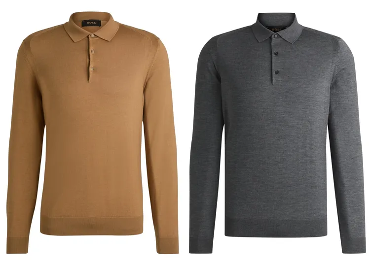 BOSS駝色羊毛Polo衫（左）、灰色羊毛Polo衫（右），各1萬6400元。品牌提供