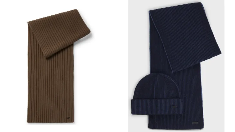 BOSS深棕色喀什米爾圍巾（左）1萬6900元、深藍色圍巾毛帽組（右）6900元。品牌提供