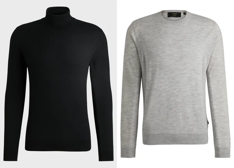 BOSS黑色高領喀什米爾毛衣（左）、淺灰色圓領喀什米爾毛衣（右），各2萬400元