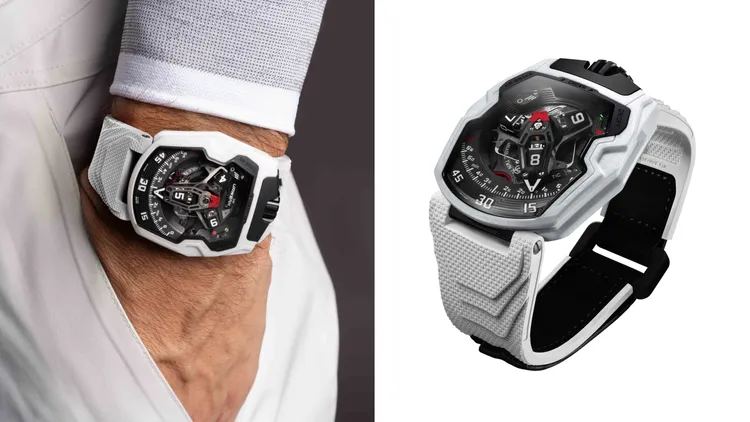URWERK UR-230 Polaris腕錶，44.81*53.55mm，URWERK獨家研製白色陶瓷錶殼，硫化橡膠”Kiska”錶帶，URWERK研發UR-7.30機芯，動力儲存48小時，防水深度30米，限量35只，620萬元。品牌提供