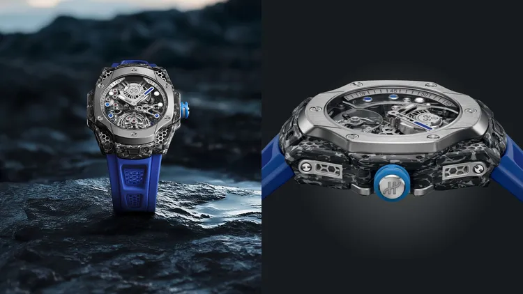 HUBLOT Samuel Ross碳纖維陀飛輪腕錶，44mm，緞面及拋光鈦金屬與冰霜碳纖維錶殼，藍寶石水晶錶盤，深藍色橡膠錶帶，HUB6035陀飛輪自動上鍊機芯，動力儲存72小時，防水深度30米，全球限量50只，441萬4000元。
