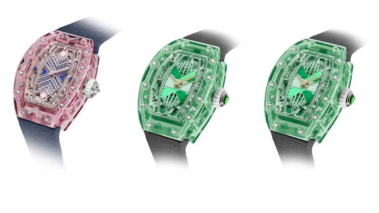 Richard Mille RM 07-02自動上鍊藍寶石腕錶系列（左起），粉色藍寶石鑲鑽、綠色藍寶石鑲鑽、綠色藍寶石錶殼設計，每款各限量7只，價格店洽。品牌提供