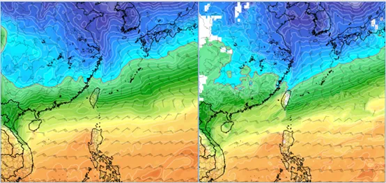 最新(6日20時)歐洲模式(ECMWF)，下週六(14日)20時模擬圖顯示，850百帕零度(紅)線，在北部近海(左圖)。最新(6日20時)美國模式(GFS)，14日20時模擬圖則顯示，850百帕零度(紅)線，已觸及北部陸地(右圖)。氣象應用推廣基金會