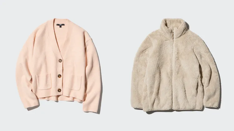 柔軟舒膚V領短版開襟外套（左）990元、長刷毛外套（右）790元。品牌提供