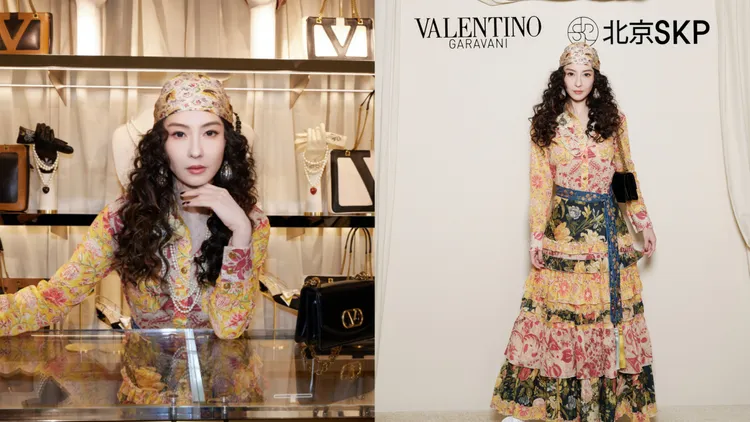 張柏芝換上波希米雅風的碎花連衣裙搭配頭巾。左圖翻攝張柏芝微博、右圖品牌提供