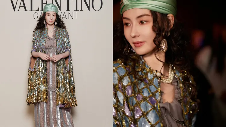 張柏芝延續頭巾造型並改換上亮片洋裝。左圖品牌提供、右圖翻攝張柏芝微博