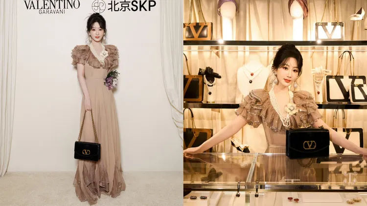 楊紫身著Valentino 2025早春系列的裸色荷葉邊禮服。左圖品牌提供、右圖翻攝楊紫微博