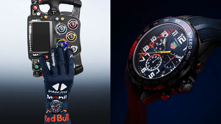 泰格豪雅Formula 1 x 甲骨文紅牛車隊限量版計時腕錶，43mm，拋光精細磨砂黑色DLC精鋼錶殼，藍色粒紋錶盤，藍色紋理橡膠錶帶，石英機芯，防水深度200米，限量3000只，8萬7500元。品牌提供