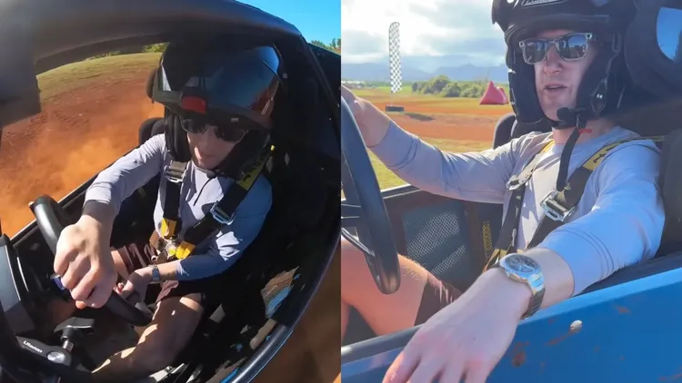 Meta執行長祖克柏戴上亨利慕時的疾速者陀飛輪鏤空腕錶「飆車」。翻攝祖克柏IG影片