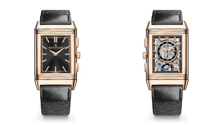 積家Reverso Tribute Chronograph翻轉系列計時腕錶，750/1000玫瑰金(18K)或精鋼錶殼，黑色或藍灰色太陽紋放射狀飾紋正面錶盤，鏤空背面錶盤，Fagliano系列小牛皮和帆布錶帶，積家 860 型手動上鍊機械機芯，動力儲存52小時，防水深度30米，玫瑰金款125萬元、精鋼款80萬元。品牌提供