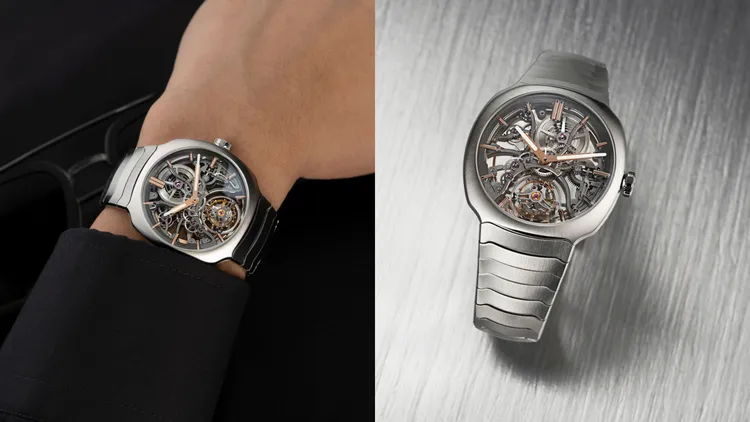 亨利慕時疾速者陀飛輪鏤空腕錶，40mm，不鏽鋼錶殼，全鏤空錶盤，一體式不鏽鋼鍊帶，全鏤空HMC 814自動上鍊立體自製機芯，動力儲存72小時，防水深度120米，314萬元。品牌提供