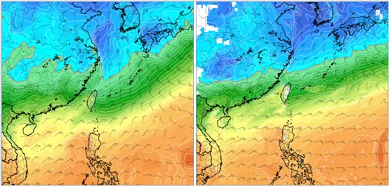 最新(30日20時)歐洲模式(ECMWF)，8日20時模擬圖顯示，850百帕零度(紅)線，與北部陸地距離稍增大(左圖)。最新(30日20時)美國模式(GFS)，8日20時模擬圖顯示，850百帕零度線，與北部陸地距離亦稍增大(右圖)。顯示冷空氣模擬強度已略調弱。氣象應用推廣基金會