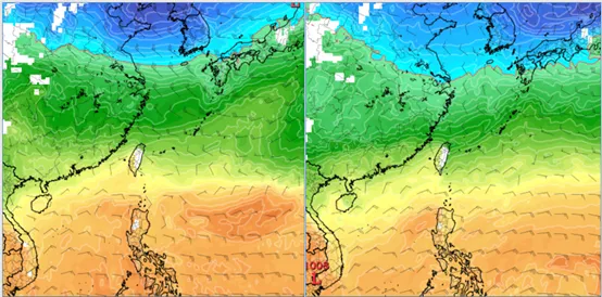最新(21日20時)歐洲模式(ECMWF)、跨年(31日20時)模擬圖(左圖)顯示，850百帕零度(紅)線離台灣甚遠，無冷空氣。最新美國模式(GFS)、同時的模擬圖(右圖)顯示，與歐洲模式雖不完全一致，850百帕零度(紅)線離台灣亦甚遠。氣象應用推廣基金會