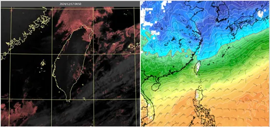 左圖：今(17日)晨4：50真實色雲圖顯示，北部及東半部有鬆散低雲，其他地區晴朗無雲，夜間「輻射冷卻」作用強。
右圖：最新(16日20時)歐洲模式(ECMWF)，週四(19日)2時模擬圖顯示，強冷空氣南下，850百帕零度(紅)線觸及北部陸地。氣象應用推廣基金會