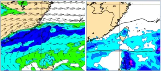 最新(29日20時)歐洲模式(ECMWF)，1日20時700百帕相對濕度及風場模擬圖(左圖)顯示，南方中層水氣北移，遮蔽台灣上空。最新歐洲模式，1日20時地面模擬圖(右圖)顯示，元旦白天、山區及東半部偶有局部短暫雨，西半部平地零星飄雨的機率逐漸提高。氣象應用推廣基金會
