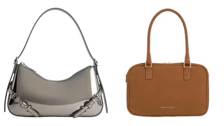Sloane 金屬釦腋下包2390元（左）、Sianna 絨面長型手提包（右）2990元。品牌提供