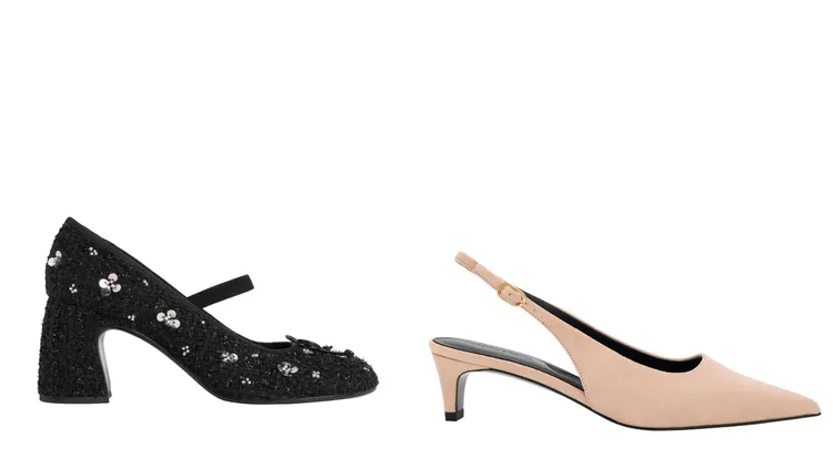 Mino瑪莉珍粗跟鞋2190元（左）、麂皮尖頭低跟鞋（右）1890元。品牌提供