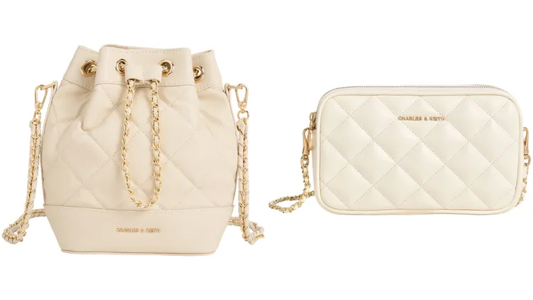 菱格紋抽繩水桶包2990元（左）、Apfra菱格絎縫斜背包（右）1990元。品牌提供