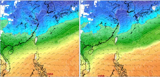左圖：最新(17日20時)歐洲模式(ECMWF)，明(19)日2時模擬圖顯示，強冷空氣南下，850百帕零度(紅)線觸及北部陸地。

右圖：最新歐洲模式(ECMWF)，下週(22)日8時模擬圖顯示，另一波強冷空氣南下，850百帕零度(紅)線接近北部陸地。氣象應用推廣基金會