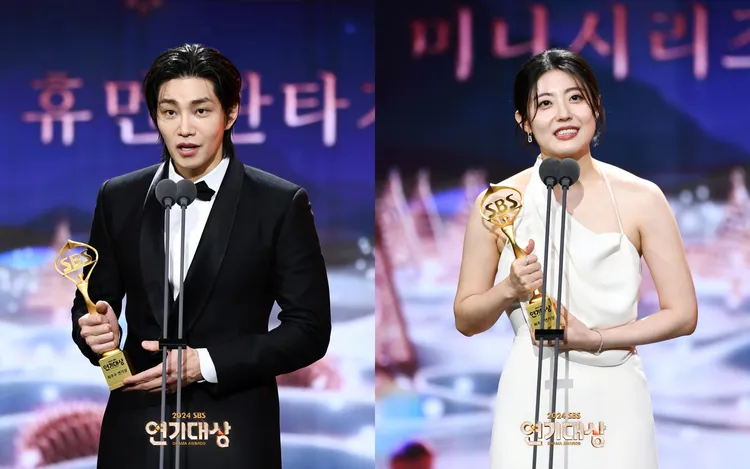 《來自地獄的法官》金宰永（左圖）、《好搭檔》南志鉉奪得迷你影集人性、奇幻劇最優秀男女演員獎。翻攝SBS