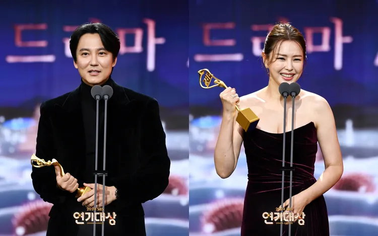 《熱血司祭2》金南佶（左圖）、李荷妮獲頒系列影集最優秀男女演員獎。翻攝SBS