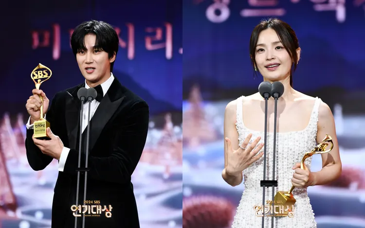 迷你影集題材、動作劇最優秀男女演員獎頒給《財閥X刑警》安普賢（左圖）及《聯結》田美都。翻攝SBS