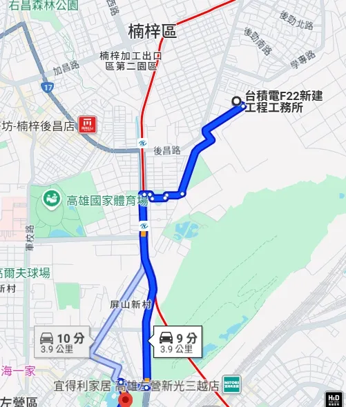 依據google map所顯示，「京城天湖」到台積電廠區車程僅10分鐘上下。翻攝google map
