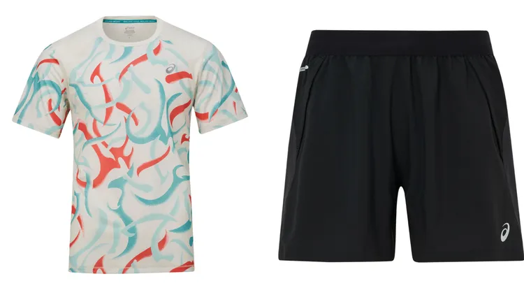 ASICS短袖上衣（左）、5吋平織短褲（右），1480元。品牌提供