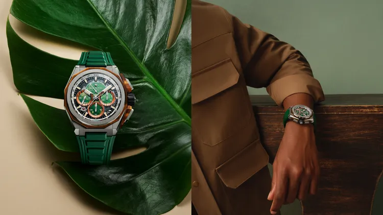 ZENITH DEFY Extreme Jungle叢林限量版腕錶，45mm，磨砂鈦金屬錶殼，然色藍寶石錶盤，鈦金屬錶鍊、綠色壓紋橡膠錶帶以及黑色Velcro魔鬼氈錶帶，El Primero 9004型機芯，動力儲存50小時，防水深度200米，限量50只，94萬2700元。品牌提供