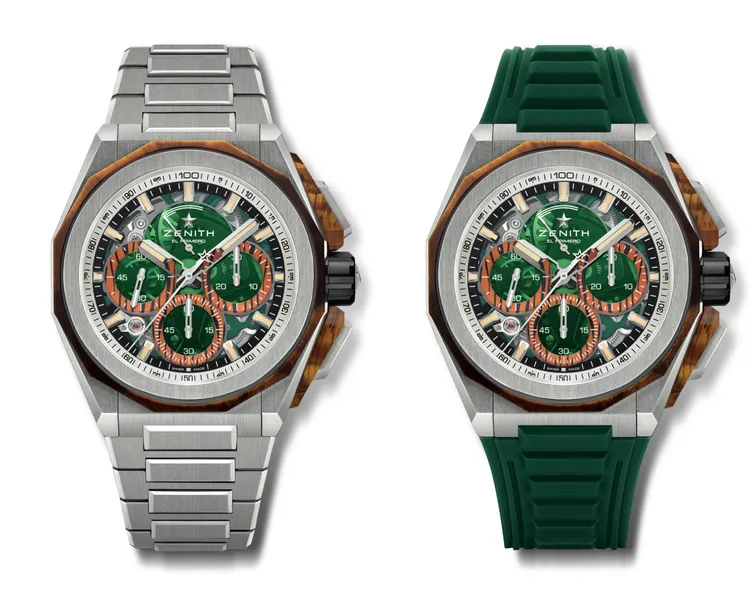 ZENITH DEFY Extreme Jungle叢林限量版腕錶，45mm，磨砂鈦金屬錶殼，然色藍寶石錶盤，鈦金屬錶鍊、綠色壓紋橡膠錶帶以及黑色Velcro魔鬼氈錶帶，El Primero 9004型機芯，動力儲存50小時，防水深度200米，限量50只，94萬2700元。品牌提供