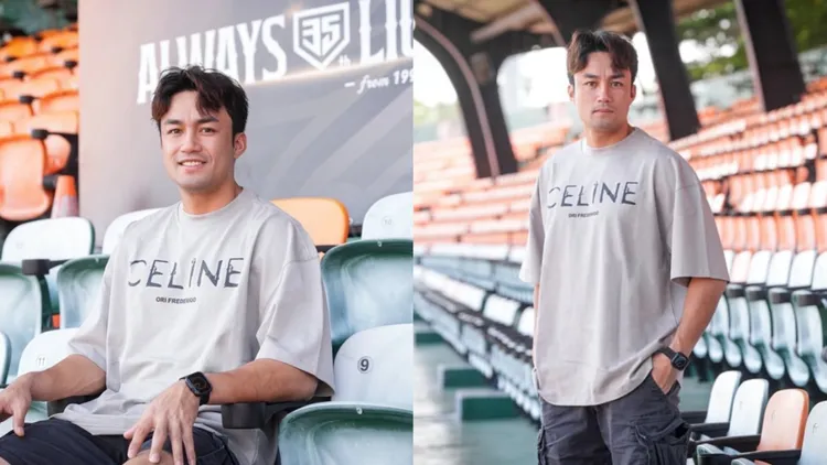 潘傑楷穿著ORI FREDERIQO灰色短袖T恤。品牌提供