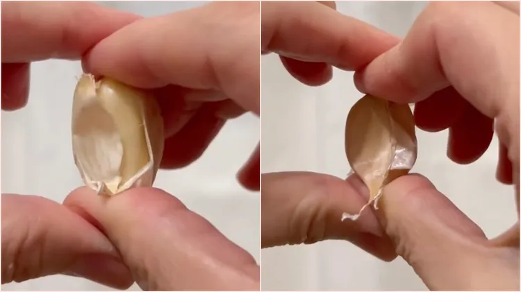 壓蒜頭的上下來剝蒜，網友認為可以輕鬆剝開蒜皮。翻攝自threads