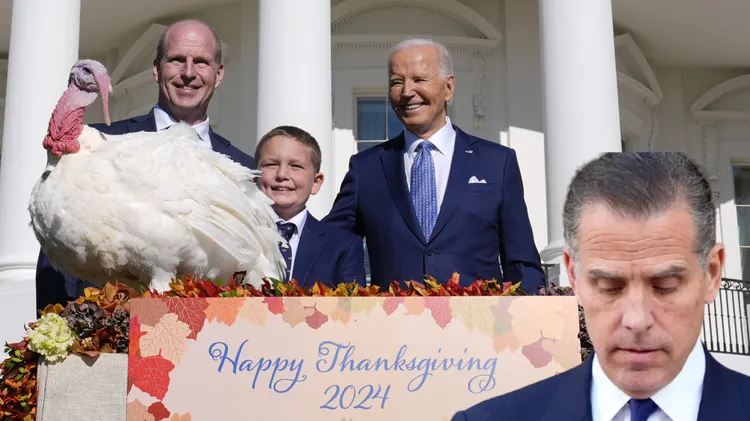 美國總統拜登（右二）先前特赦感恩節火雞，但重申不會特赦兒子韓特（前排）。合成畫面。美聯社
