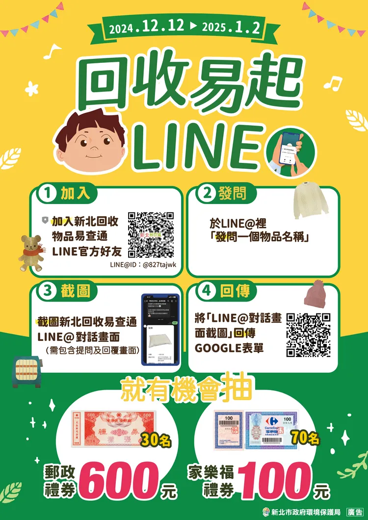 12月12日起至114年1月2日止加入LINE帳號，並完成指定步驟，就有機會抽中600元郵政禮券及100家樂福禮券。環保局提供