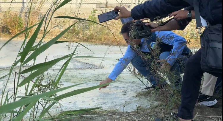 彭啟明用試紙當場檢驗酸鹼度。莊曜聰攝影