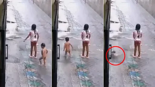 影片|街頭水樂園「姊姊一指釀禍」 3歲童衝下水道瞬間人沒了