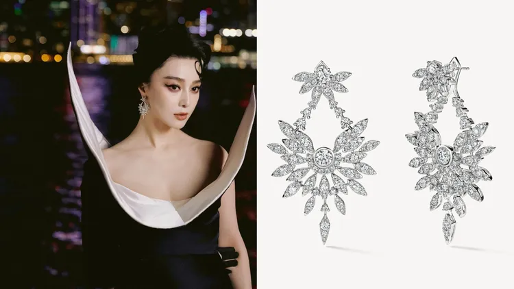 范冰冰佩戴Hearts On Fire White Kites白K金鑽石耳環，鑽石總重約10克拉，208萬元。左圖翻攝范冰冰IG、右圖品牌提供