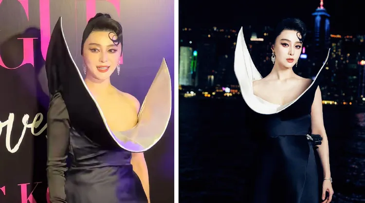 范冰冰日前在香港出席時尚活動，現場未修原圖與工作室發出的美照，判若兩人。左圖翻攝劇荒終結微博，右圖翻攝范冰冰工作室微博