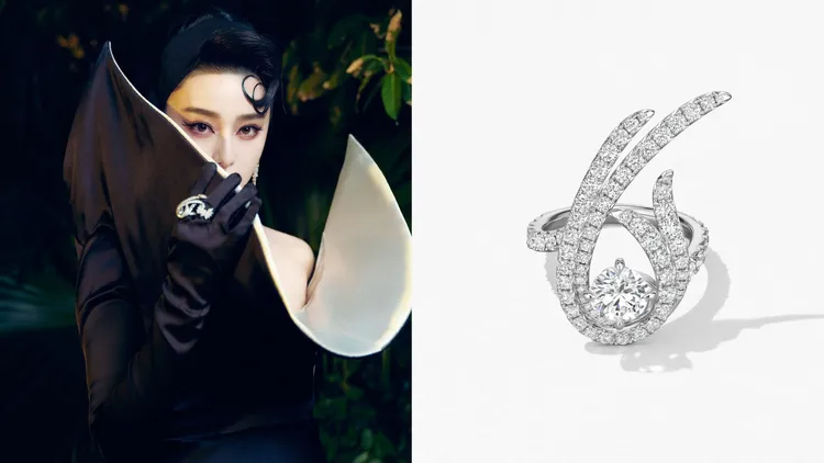 Hearts On Fire VELA Twisted Cocktail白K金鑽石戒指，主鑽約1.25克拉、鑽石總重約3.23克拉，97萬2000元起。左圖翻攝范冰冰IG、右圖品牌提供