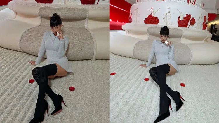 Jennie穿著Bibiy銀色金蔥短洋裝搭配紅底鞋2025春夏新品。翻攝Jennie IG