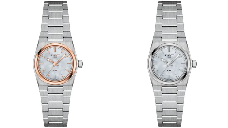 天梭迷你PRX石英腕錶25mm白色珍珠母貝搭玫瑰金時標和錶圈款（左）1萬1100元、白色珍珠母貝款（右）1萬500元。品牌提供