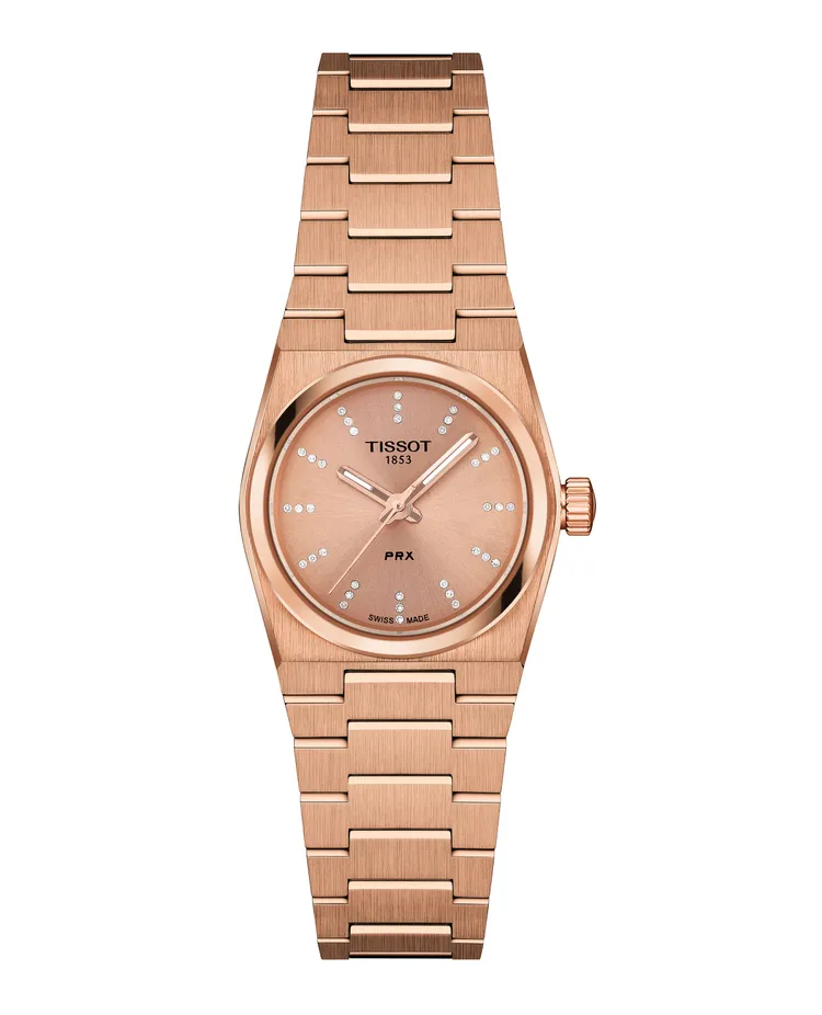 天梭迷你PRX石英腕錶25mm玫瑰金PVD與鑲鑽時標款，1萬6000元。品牌提供