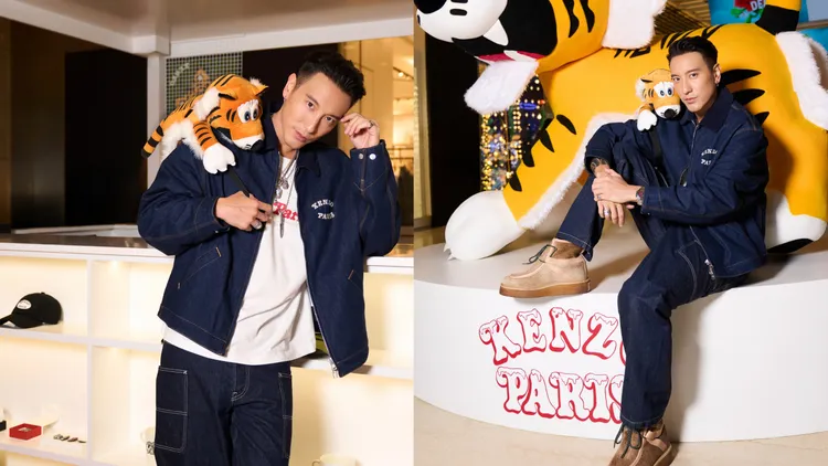 王陽明身穿牛仔套裝搭配KENZO VERDY MARKET Winky老虎後背包。品牌提供