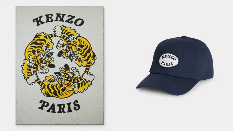 KENZO VERDY MARKET羊毛虎躍萬用毯（左）2萬1800元、海軍藍LOGO棒球帽（右）6300元。品牌提供