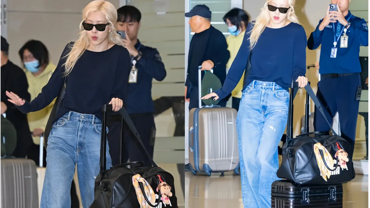 Rosé的機場時尚把3大代言全部戴在身上。左圖翻攝X、右圖翻攝微博