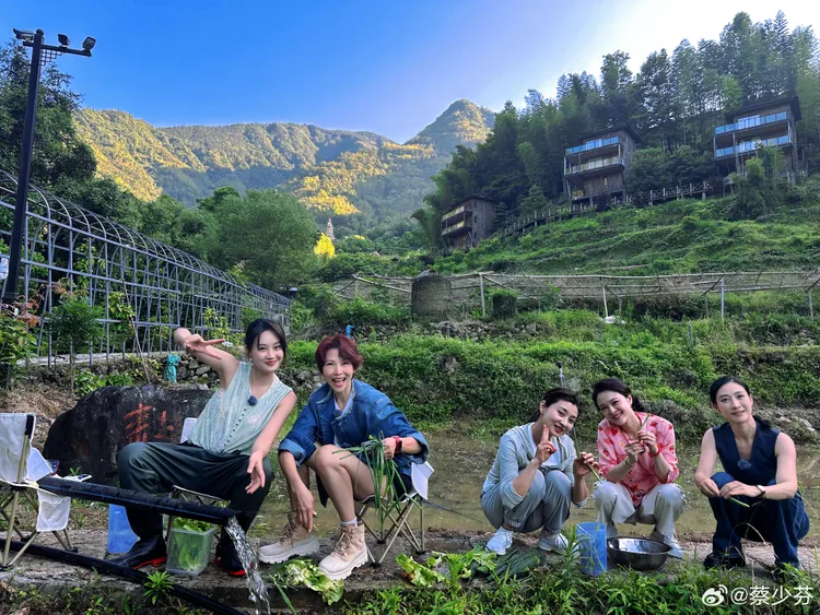 蔡少芬（左二）今年與數名《甄嬛傳》演員演出綜藝節目《煥新環遊傳》。翻攝蔡少芬微博