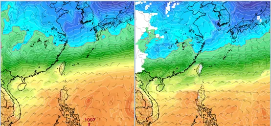 最新(3日20時)歐洲模式(ECMWF)，8日20時模擬圖顯示，850百帕零度(紅)線，與北部陸地有段距離(左圖)。最新(3日20時)美國模式(GFS)，8日20時模擬圖顯示，850百帕零度線，與北部陸地距離亦不小(右圖)。顯示模擬冷空氣強度已明顯調弱。氣象應用推廣基金會