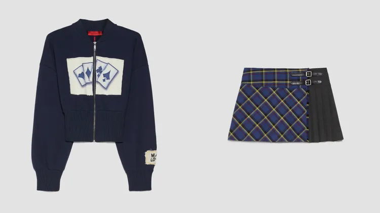 短版棒球外套（左）1萬1900元、A-line蘇格蘭短裙（右）1萬300元。品牌提供