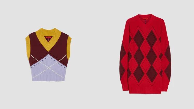 菱格紋鏤花蕾絲針織背心（左）1萬500元、菱格紋鏤花蕾絲針織衫（右）1萬4700元。品牌提供