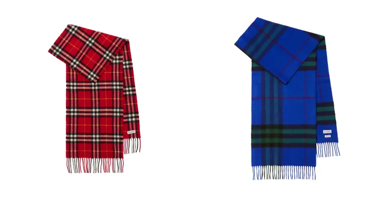 BURBERRY紅色格紋喀什米爾圍巾（左）3萬2500元、海軍藍／藤蔓色格紋喀什米爾（右）1萬9500元。品牌提供
